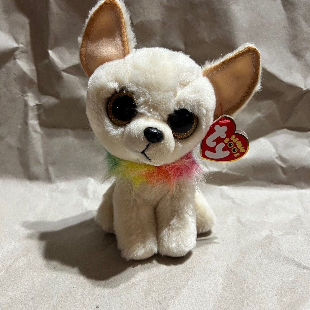 Ty Regular Size Beanie Boos Chewey Chihuahua Cream Rainbow Dog Plush